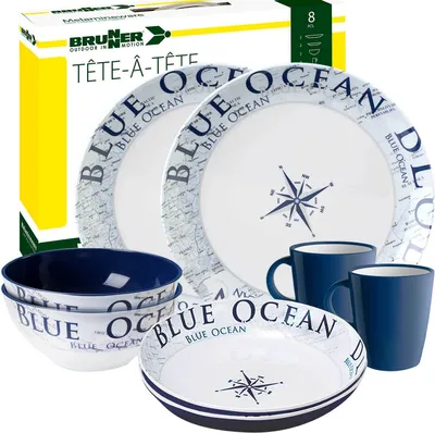 Produktbild von BRUNNER Camping Geschirr Set 2 Personen | Anti-Slip | Tete a Tete BLUE OCEAN, 8-Teilig