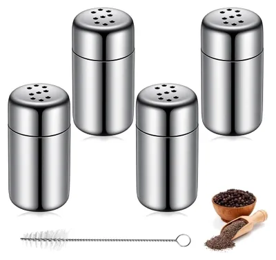 Produktbild von 4 Mini Salzstreuer aus Edelstahl für unterwegs, 5ml Gewürzstreuer mit Reinigungsbürste für Restaurants und Grill im Freien