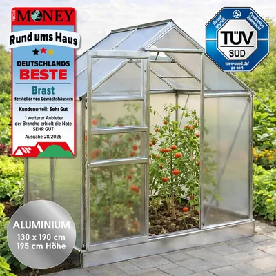 Produktbild von BRAST Gewächshaus Aluminium mit Fundament | 130x190x195cm | 6mm Hohlkammerplatten | rostfrei wetterfest temperaturbeständig | Silber