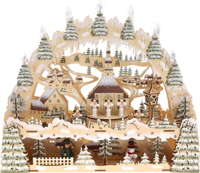 Produktbild von 3D Schwibbogen Lichterbogen Holzschnitt  Winterdorf 2stöckig 44,5*9,5*38cm, batteriebetrieben, Timer Funktion (6h on/18h off) Weihnachtsschmuck Fensterdeko