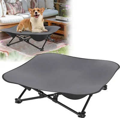 Produktbild von QEENTOE Faltbares erhöhtes Hundebett Haustierliege für Hunde Katzen, Metallgestell abnehmbares Kissen, Indoor Outdoor Camping, Grau(S)