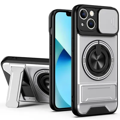 Obrázek produktu pro Magnetické pouzdro pro iPhone 13 Ochranné pouzdro s posuvným krytem fotoaparátu a kroužkovým stojánkem Stříbrná