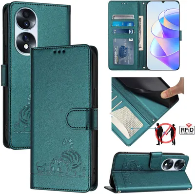 Produktbild von Leder Hülle für Honor 70 Süße Katze Flip Case Brieftasche Schutzhülle mit Standfunktion Grün