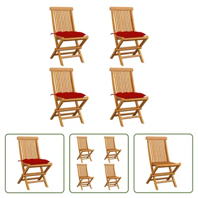 Produktbild von The Living Store Gartenstühle mit Roten Kissen 4 Stk. Massivholz Teak