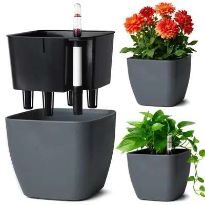 Produktbild von 3er Set Eckige Selbstbewässerungstöpfe 17,5cm mit Wasserstandsanzeige Grau