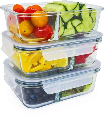 Produktbild von Gläserne Lebensmittelbehälter 3-teilig mit Deckel | 2-Kompartiment-Set mit Verteiler | Lüftedicht | BPA-frei | Hitzebeständig | Mikrowellen- und Kühlschrankbeständig [3 x 1000 ml mit Verteiler]