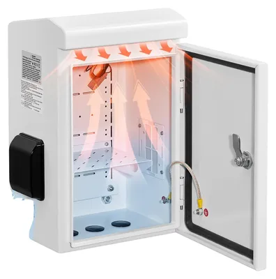 Obrázok produktu pre VEVOR, vodotesné elektrické puzdro IP65, rozvodná skrinka z pozinkovanej ocele s termostatom, ventilátorom a krytom proti dažďu, uzamykateľná, vonkajšia rozvodná skrinka, 30 x 20 x 40 cm