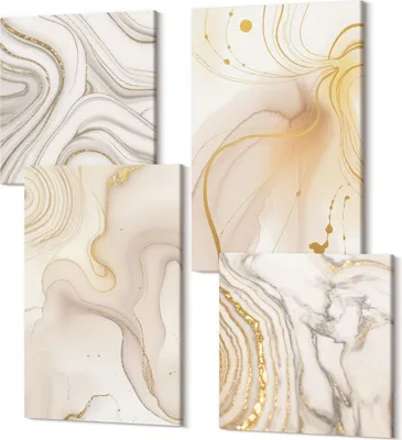 Produktbild von Leinwandbild Set 4-teilig – Modernes Wandbild – Polycanvas Kunstdruck – Abstrakte Bilder – Hochwertige Wandkunst – 2x 40x40 cm + 2x 40x60 cm – Subtile abstrakte Muster aus verschütteter Farbe