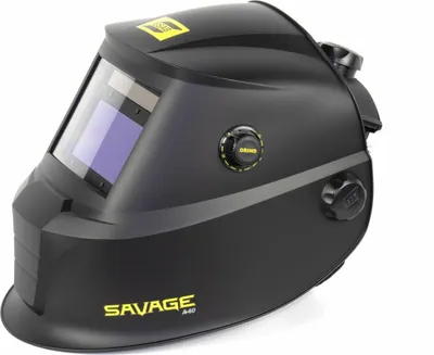 A black welding helmet with yellow branding, shown from a side-angle against a white background.