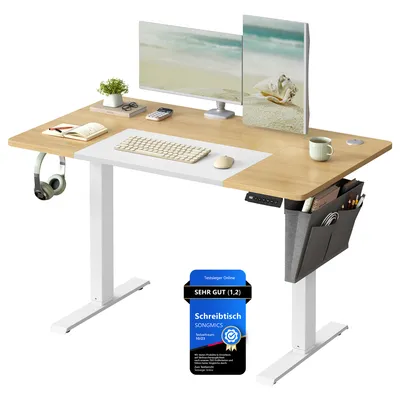 A modern, adjustable standing desk setup with dual monitors, a keyboard, mouse, and accessories.