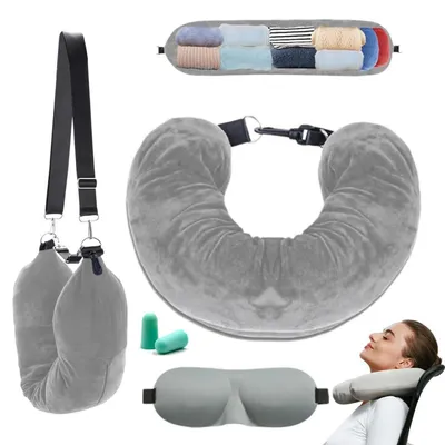 Obrázok produktu pre Polstrovaný vankúšik pod hlavu s maskou na oči a zátkami do uší, tvarovaný do písmena U, sivý