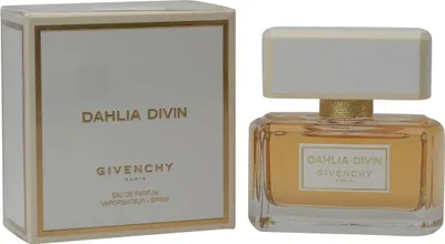 Givenchy Dahlia Divin Eau de Parfum mit weiß-goldener Verpackung und eckigem Glasflakon mit bernsteinfarbener Duftflüssigkeit.