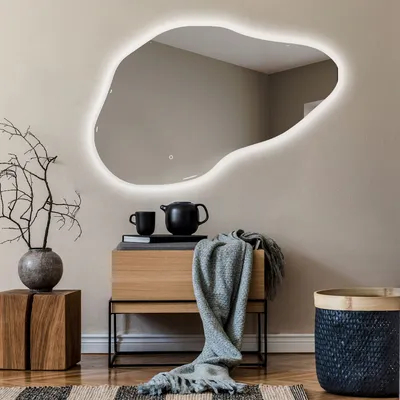 Produktbild von Unregelmäßiger asymmetrischer Spiegel mit LED Beleuchtung 114x74 cm - mit LED Beleuchtung - LED Farbe Kaltweiß 7000K - Individuell Nach Maß - Beleuchtet Wandspiegel Lichtspiegel Badezimmerspiegel - Sensor Schalter - POD221