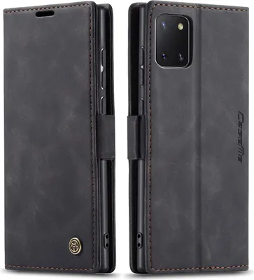 A black flip case for a smartphone is shown from two angles.