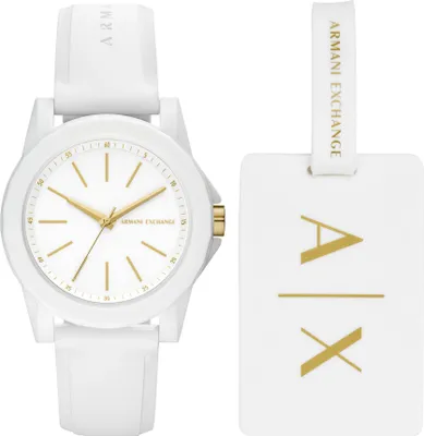 A white Armani Exchange watch and a matching tag are displayed on a white background.