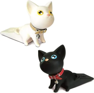 Produktbild von Set mit 2 Türstoppern, Katzenmotiv, PVC, niedlich, Weiß/Schwarz