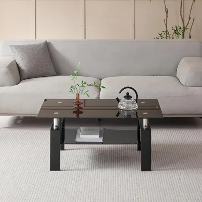 Zdjęcie produktu dla Stolik szklany 100 x 60 cm, czarny, szkło hartowane, stolik kawowy, 100 x 60 x 44 cm