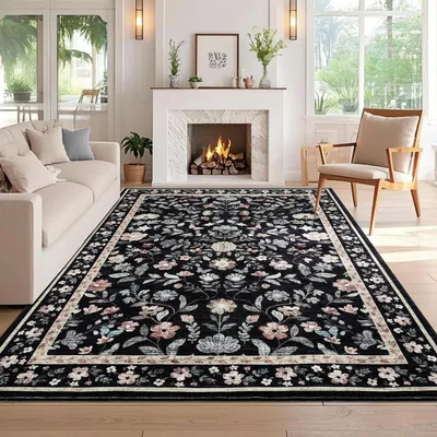 Zdjęcie produktu dla Dywan do prania, 200 x 290 cm, wzór kwiatowy, czarny, antypoślizgowy, miękki