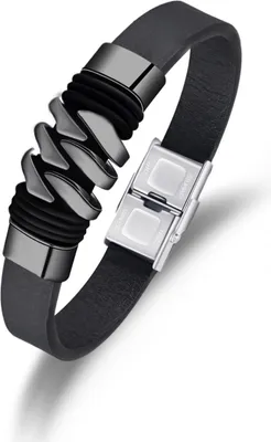 Immagine prodotto di Bracciale da uomo, pelle nera, acciaio nero, 316L, regalo, 21 cm