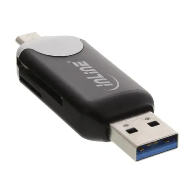 Produktbild von InLine USB3.0 Dual Cardreader, USB A und Micro-USB 2.0 für SDXC und microSDXC, MicroSD (TransFlash), SD, SDXC, Schwarz, 5000 Mbit/s, USB/Micro-USB, 8 g, 128 mm