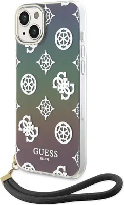 Zdjęcie produktu dla Etui Guess iPhone 15 Back Cover - Iridescent - Glitter pattern peony - cordstrap - Black