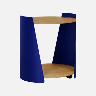 Immagine prodotto di Tavolino e comodino in metallo curvato e legno con ruote, Blu