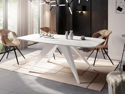 Produktbild von Ausziehbarer Esstisch im Loft-Stil - Industrieller Tisch in Weißer Marmoroptik mit Weißen Metallbeinen - Modernes Design für Wohnzimmer - 160 cm Ausziehbar auf 200 cm - Marmor Weiß