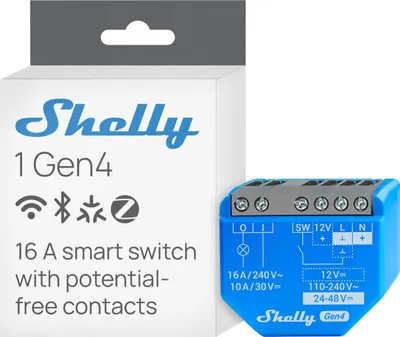 Zdjęcie produktu dla Shelly 1 Gen4, Mądry przełącznik, Bezprzewodowy, Plastik, 30 m, 50 m, Niebieski