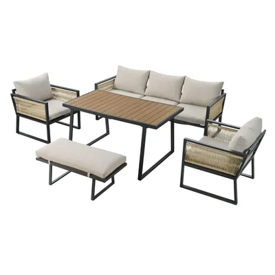 Produktbild von Garten-Essgruppe,Garten Loungesessel Set,Gartenmöbel Set, 3er Sofa,2 Sessel,Hocker und Esstisch,Armlehnen aus geflochtenem Seil, verzinkter Stahl