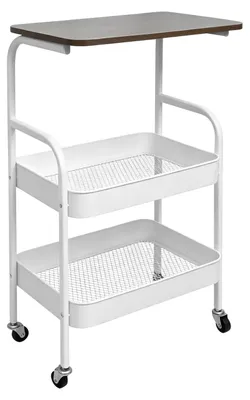 Produktbild von Rollwagen - Küchenwagen - 3 Ebenen - Holzplatte - Lochwand - Rollen mit Bremse - Weiß