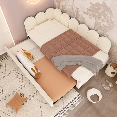 Obrázok produktu pre Merax čalúnená posteľ 90x200 cm s výsuvným lôžkom, denné lôžko, detská posteľ so zamatovým poťahom a mriežkovým vzorom - Vrátane lôžka (90x190 cm), bez matraca, béžová