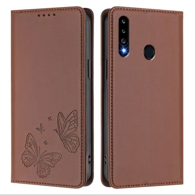 Obrázek produktu pro Kožené pouzdro pro Samsung Galaxy A20S, motýlí ražbou, peněženkové flip pouzdro se stojánkem Hnědá