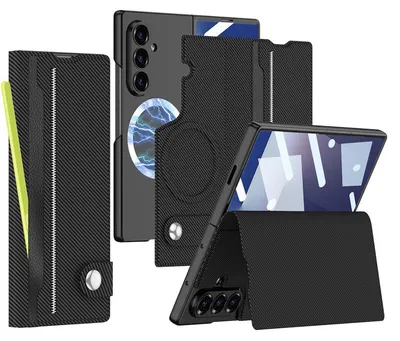 Imagen del producto de Funda de cuero tipo libro con imán MagSafe, cobertura total, para Samsung Galaxy Z Fold7, con diseño de fibra de carbono