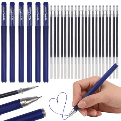 Produktbild von Set mit 6 blauen Gelstiften und 20 Ersatzminen, schnelltrocknende Gel-Tinte, 0,5 mm