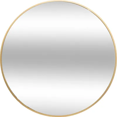 A round mirror with a gold metal frame against a white background.