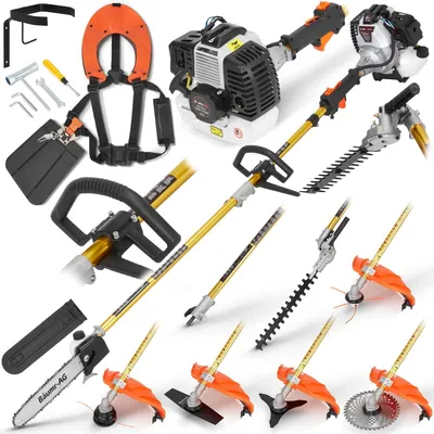 Produktbild von 7in1 MEGA Set Benzin Freischneider Rasenmäher 5,2 PS Motorsense Rasentrimmer Hochentaster Heckenschere Kettensäge