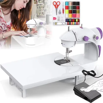 Produktbild von Mini-Nähmaschine - Tragbare Nähmaschine - Zwei Geschwindigkeiten - Für Anfänger - Erweiterungstisch - Integrierte Beleuchtung - Nähset für den Haushalt