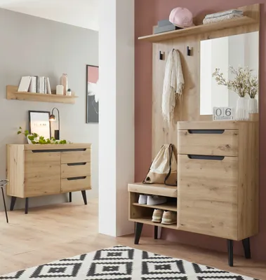 Produktbild von Garderobe Set Ronson in Eiche und schwarz Garderobenkombination skandinavisch