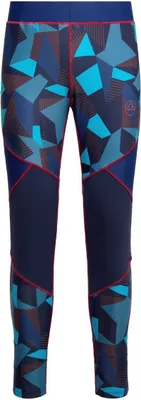 Blaue und graue Leggings mit geometrischem Muster von La Sportiva; geeignet für Damen; Kategorie Kletter- und Boulderhosen.