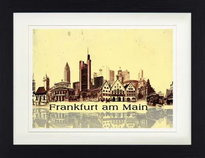 Obrázek produktu pro Frankfurt zarámovaný obraz s elegantním paspartou | Obrazy na zeď | V rámu - koláž města, vintage styl (30 x 40 cm)