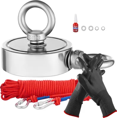 Obrázek produktu pro SucceBuy 1000LBS magnet rybářská sada, oboustranný neodymový magnet vzácných zemin s hákem, lanem, rukavicemi a šroubem na oko, těžký provoz