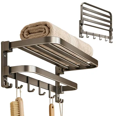 Produktbild von Handtuchhalter ohne Bohren - Wandmontage mit 8 Haken und doppelter klappbarer Stange