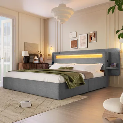 Obrázek produktu pro Čalouněná postel 180x200 cm s hydraulickým úložným prostorem, integrovaným nočním stolkem, USB portem a vícebarevným LED osvětlením, len