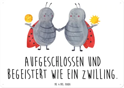 Produktbild von Mr. & Mrs. Panda Schild Sternzeichen Zwilling DIN A6 - Weiß - Geschenk, Zwillinge, Geburtstag Mai, Wandbild, Marienkäfer, Zwillingsschwester, tafel, Türschild