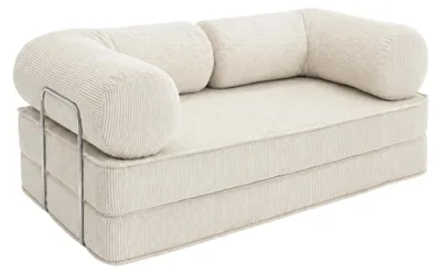 Zdjęcie produktu dla SURB Sofa 100 Modulares – modułowa sofa sznurkowa dla dorosłych, designerska sofa wypoczynkowa z podłokietnikami i chromowaną konstrukcją, wymiary 200 x 100 cm, kolor kremowy