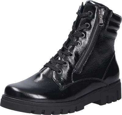 A black patent leather lace-up boot with a side zipper, shown against a white background.