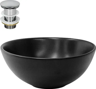 Produktbild von LuxeBath Waschbecken Aufsatzwaschbecken Rund, Ø 28x15 cm, Schwarz, aus Keramik, inkl. Ablaufgarnitur ohne Überlauf