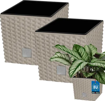 Obrázek produktu pro KOTARBAU® Sada 2 květináčů 9,8 l moka Výška: 23 cm Květináč z plastu s vnitřním květináčem Sada květináčů jako ratanový květináč vnitřní venkovní
