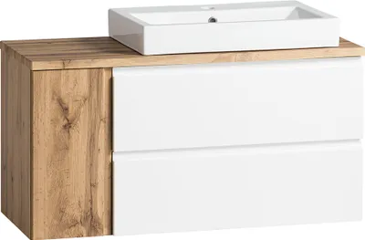 Produktbild von Waschtisch mit Keramik-Aufsatzbecken rechts VASTO-03-WHITE in Wotan Eiche Nb. mit weiß matt, B/H/T ca. 105/65,5/47 cm