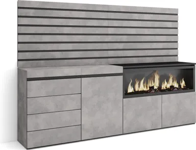 Produktbild von Sideboard, Kommode, 214x35x145 cm, Für Schlafzimmer, Zimmer, Elektrokamin XXL, Kommode mit Schubladen, Zementgrau